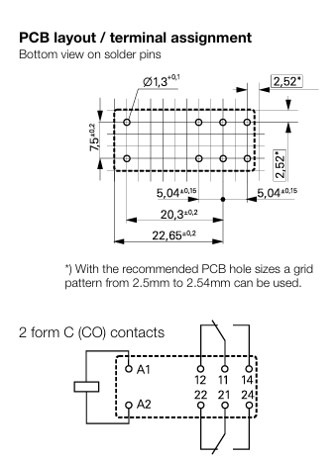 ממסר 24V עם 2 ערוצים של NO ו- NC ללוח הלחמה דגם RT424024 עד 8A – תמונה 2