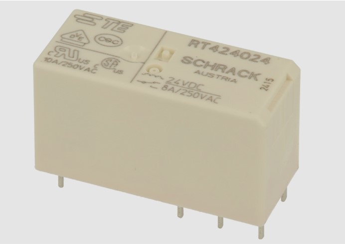 ממסר 24V עם 2 ערוצים של NO ו- NC ללוח הלחמה דגם  RT424024 עד 8A