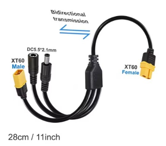 כבל מאריך מחברי XT-60 זכר לנקבה עם מחברי DC 5.5X2.1  זכר ונקבה
